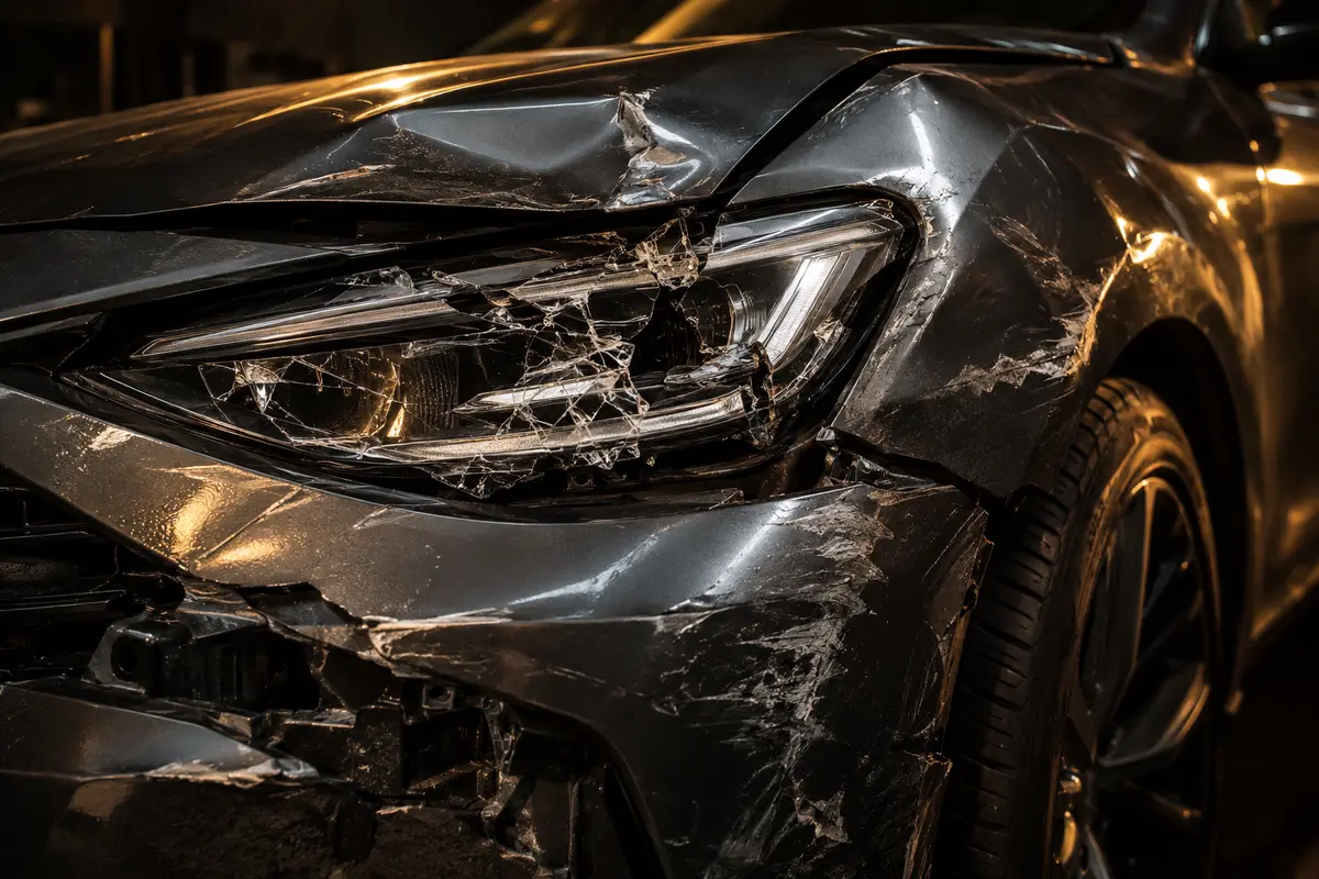 Frontschaden mit zerbrochenem Scheinwerfer nach einem Unfall