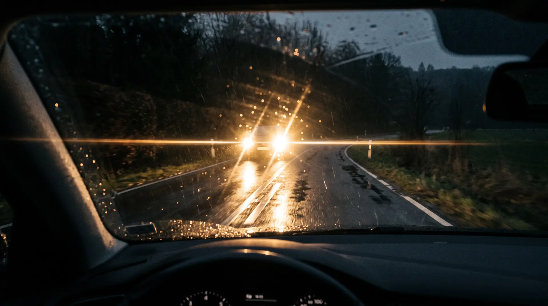 Nächtliche Straße im Regen mit entgegenkommenden Scheinwerfern