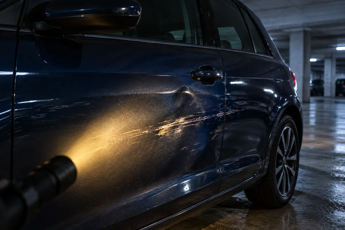 Parkschaden an einer Fahrzeugtür in einer Tiefgarage
