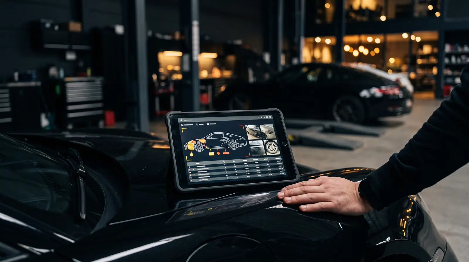 Digitale Schadenkalkulation auf einem Tablet in der Werkstatt